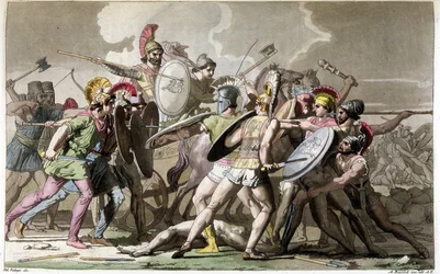 Kämpa för liket av Patroclus (Trojakriget) - i "" The Ancient and Modern Costume"" av Ferrario, red. Milano