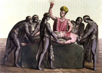 Topiltzin (överstepräst i forntida mexikanska civilisationer) gör ett människooffer - i "Den antika och moderna kostymen"" av J. ferrario