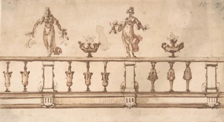 Design för en balustrad med kvinnofigurer och urnor, 1500-1600-talet.