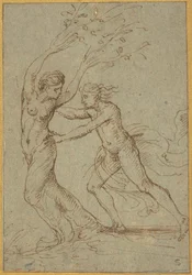 Apollo och Daphne (penna och brunt bläck på grönblått lagerpapper)