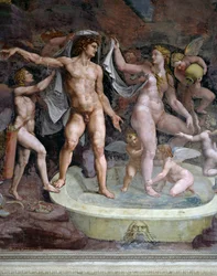 Mars och Venus bad, fresk av Giulio Romano (1499-1546), norra väggen i Amor och Psykes kammare, Palazzo Te, Mantua (Unescos världsarvslista, 2008), Lombardiet, Italien