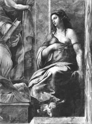 Clemency, en av de två dygderna kring Pope St. Clement I (1-97) Raphael Rooms (detalj) (se även 252786, 252787, 252789)