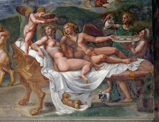 Amor och psyke med dottern Voluptas (nöje) liggande på sängen, detalj från bröllopsfest eller gudarnas bankett, fresk av Giulio Romano (1499-1546), Palazzo Te, Mantua (UNESCOs världsarvslista, 2008), Lombardiet, Italien