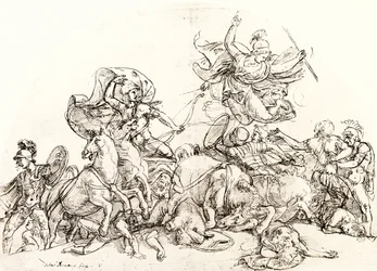 Diomedes, sårad av Pandarus, tröstas av Pallas Athene