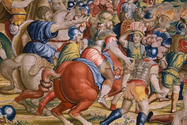 flamländsk gobeläng. Serien The Acts of Scipio: Slaget vid Zama. Serietecknaren Giulio Romano. Atelier av Balthasar van Vlierden (?), Bryssel. 1523-1532. Detalj.