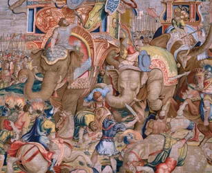 flamländsk gobeläng. Serien The Acts of Scipio. Slaget vid Zama. Serietecknaren Giulio Romano. Atelier av Balthasar van Vlierden (?), Bryssel. 1523-1532. Detalj.