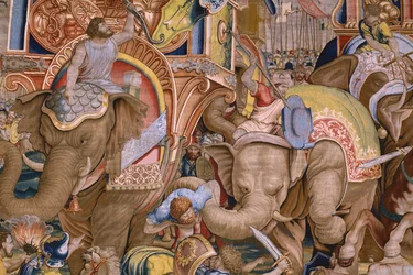 flamländsk gobeläng. Serien The Acts of Scipio: Slaget vid Zama. Serietecknaren Giulio Romano. Atelier av Balthasar van Vlierden (?), Bryssel. 1523-1532. Detalj.