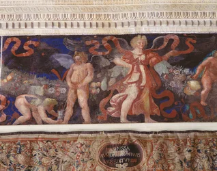 Fris från Camera con Fregio di Amorini Chamber of the Cupid Frisdetalj av en amor som kissar i en kanna, fresk från 1520-talet