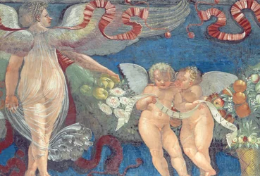 Fris från Camera con Fregio di Amorini Chamber of the Cupid Frisdetalj av två putti och en ängel, freskdetalj från 1520-talet av 106218