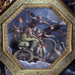 Den rasande Venus ger Psyche till Amor för att straffa henne. Freskomålning av Giulio Pippi de