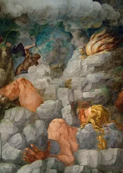 Jättar som försöker storma Olympos krossas av fallande stenar (fresco)