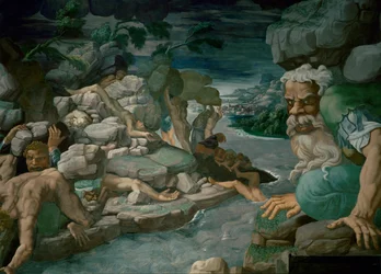 Jättar som försöker storma Olympos krossas under fallande stenar (fresco)