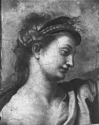 Rättvisa, en av de två dygderna kring Pope St. Urban I (d.230) Raphael Rooms (detalj) (se även 252782, 252783, 252784)