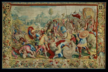 Historien om Scipio: Slaget vid Ticino, första delen av gobelängen, ull och silke, gobeläng ...