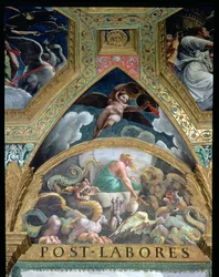 Lunette som skildrar Psyche som gör en prövning som Venus utsätter sig för att hämta från underjorden en burk som innehåller Proserpines skönhet, från Sala di Amore e Psiche, 1528 freskdetalj av 78427