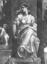 Fred sittande bredvid påven Damasus I (ca 304-384) Raphael Rooms (detalj) (se även 252795 och 252796)