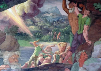 Sala dei Giganti, detalj av förstörelsen av jättarna av Jupiters åskbultar, 1536 freskdetalj av 78482