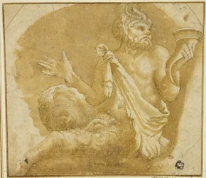 Sittande Faun Holding Cornucopia (recto); Skiss av träd och hus (verso)