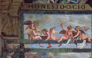 Den rustika banketten, detalj av putti som gör musik, från Sala di Amore e Psiche, 1528 freskdetalj från 78428