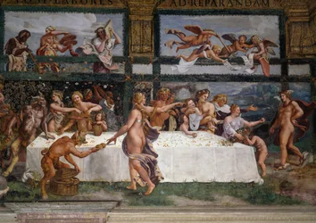 Bröllopsfest eller gudarnas bankett, fresk av Giulio Romano (1499-1546), västra väggen i Amors och Psykes kammare, Palazzo Te, Mantua (UNESCOs världsarvslista, 2008), Lombardiet, Italien