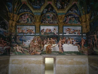 Bröllopsfest eller gudarnas bankett, fresk av Giulio Romano (1499-1546), västra väggen i Amors och Psyches kammare, Palazzo Te, Mantua (UNESCO:s världsarvslista, 2008), Lombardiet, Italien