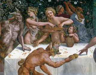 Bröllopsfest eller gudarnas bankett, fresk av Giulio Romano (1499-1546), västra väggen i Amors och Psyches kammare, Palazzo Te, Mantua (UNESCO:s världsarvslista, 2008), Lombardiet, Italien