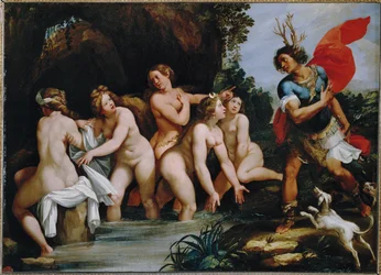 Diane et Acteon - Diana och Actaion. Eftersom Actaion har tittat på Diana och hennes nymfer i deras bad, har gudinnan...