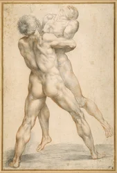 Hercules brottas med Antaeus (svarta och röda krita på vitt papper)