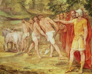 Romulus som markerar Roms gränser, från Sala dei Horatii och Curatii (fresk)