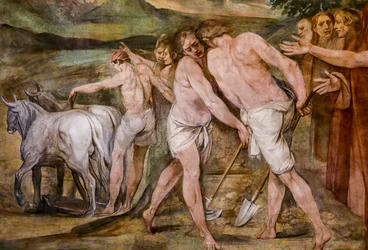 Romulus plöjer gränslinjen runt den framtida staden Rom (detalj)