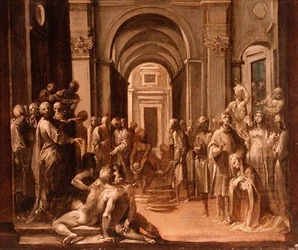 St. Laurence bland de fattiga och sjuka, modell för en fresk