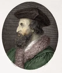 Porträtt av den italienske läkaren, poeten och humanisten Girolamo Fracastoro (Hieronymus Fracastorius eller Jerome Fracastor) (1478/83-1553) Gravyr Privat samling