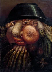 Porträtt med grönsaker (Trädgårdsmästaren). Bland de avbildade grönsakerna och frukterna: nötter, rädisa, svamp, vitlök, kastanj, lök, sallad, hasselnöt och rova. Målning av Giuseppe Arcimboldi (Arcimboldo) (1527-1593), Cremona, Pinacoteca Comunale