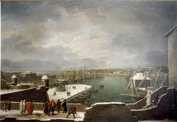 Utsikt över hamnen i Genua täckt med snö (olja på duk