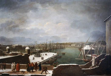 Utsikt över hamnen i Genua i snön