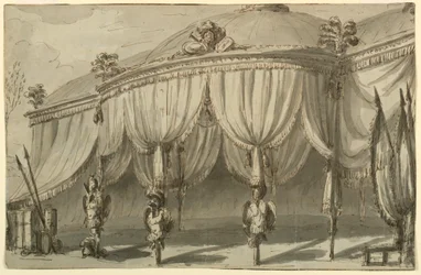 Scenografi, en paviljong med krigets troféer