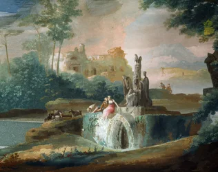Galant scen av herdar i ett imaginärt landskap, av Giuseppe Bernardino Bison (1762-1844)