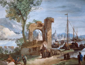 Fantasivy: Hamn med ruiner och vattenfall, av Giuseppe Bernardino Bison (1762-1844)