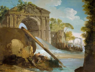 Fantasivy: Flod med fiskare och ruiner, av Giuseppe Bernardino Bison (1762-1844)
