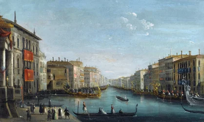 Utsikt över Canal Grande från Palazzo Balbi med utsikt mot Rialtobron med en regatta av Bison, Giuseppe Bernardino (1762-1844). Olja på duk, storlek: 48,9x81,9,