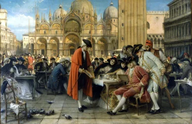 Målaren Francesco Guardi säljer sina målningar framför Caffè Florian. 1892. Målning av Giuseppe Bertini. Galleria d