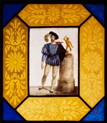 Skulptören Mauro Gandolfi klädd som Giambologna av Giuseppe Bertini (1825-1898), eldmålat glas 49x42 cm, Italien