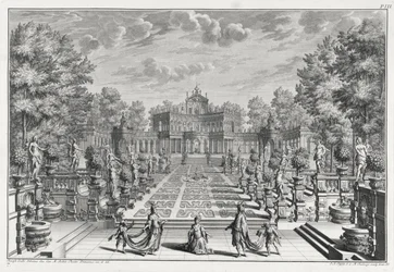 Inramning för en opera i en trädgård, från Architectus Theatralis Primarius, graverad av Johann Andreas Pfeffel (1674-1748), publicerad 1740