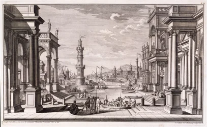Liten hamn med kolonner i barockstil, från 