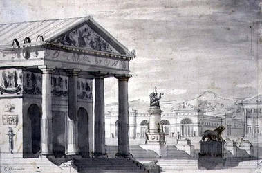 Neo-klassisk scenset, ca 1825 (penna & bläck och sepiatvätt på papper)