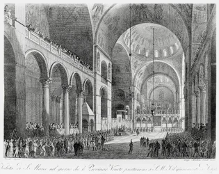 Venetoprovinserna svär trohet till den österrikiske kejsaren Frans II (1768-1835) i San Marco-basilikan i Venedig, den 7 maj