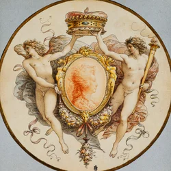 Ett ovalt porträtt av en kvinna i profil med en dekorativ kant av grotesker och swags, med flankerande allegoriska figurer av berömmelse och seger som håller en krona,