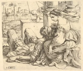 Delila håller i Samsons hår och en sax, 1620-30.