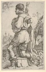 Saint Roch, på knä på en sten, sedd från sidan med sin hund bakom sig och en städer..., 1620-30.