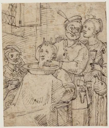 Tre personer klädda i karneval/commedia dell